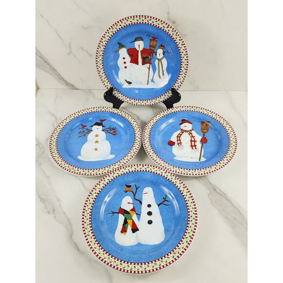 Oneida Sakura Snowman Salad Plate 8 1/4" Debbie Mumm Stoneware Dinnerware x 4 - Picture 1 of 14